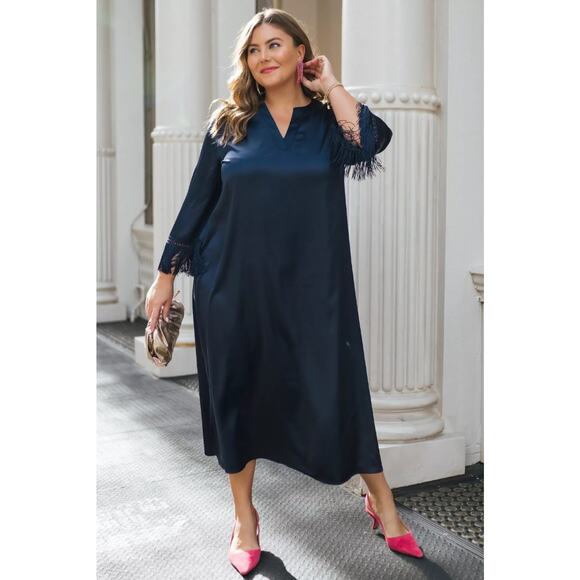 Tuckernuck Navy Satin Fringe Jamie Midi Dress size S small - Picture 5 of 5